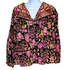 Rachel Zoe top XS v Neck Bishop Sleeve Embroidered Floral Boho Fairy Grunge